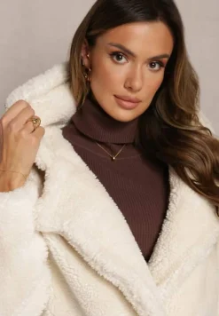 Jasnobeżowa Futerkowa Kurtka Teddy z Kapturem z Wsuwanymi Kieszeniami Gerovia