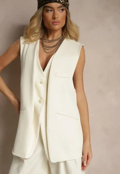 Jasnobeżowa Garniturowa Kamizelka z Ozdobnymi Kieszonkami i Guzikami Sonadorea