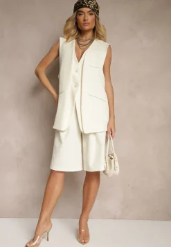 Jasnobeżowa Garniturowa Kamizelka z Ozdobnymi Kieszonkami i Guzikami Sonadorea