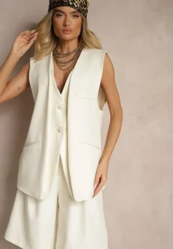 Jasnobeżowa Garniturowa Kamizelka z Ozdobnymi Kieszonkami i Guzikami Sonadorea