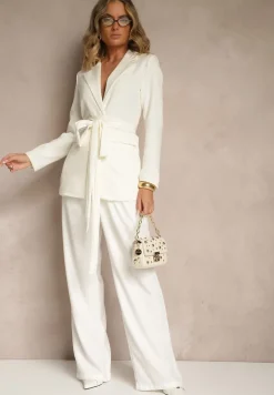 Jasnobeżowa Jednorzędowa Marynarka z Wiązanym Paskiem Valerienne