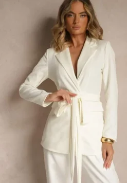 Jasnobeżowa Jednorzędowa Marynarka z Wiązanym Paskiem Valerienne