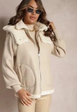 Jasnobeżowa Kamizelka Bezrękawnik z Imitacji Skóry z Futerkiem Irisse