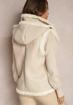 Jasnobeżowa Kamizelka Bezrękawnik z Imitacji Skóry z Futerkiem Irisse