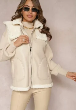 Jasnobeżowa Kamizelka Bezrękawnik z Imitacji Skóry z Futerkiem Irisse