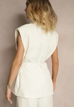 Jasnobeżowa Kamizelka Garniturowa z Usztywnianymi Ramionami Ozdobiona Wiązaniem Dannelia