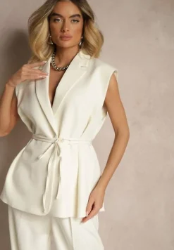 Jasnobeżowa Kamizelka Garniturowa z Usztywnianymi Ramionami Ozdobiona Wiązaniem Dannelia