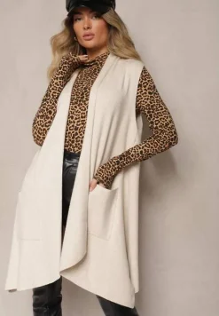 Jasnobeżowa Kamizelka Niezapinana z Bawełną i Wiskozą Asymetrycznym Dołem i Kieszeniami Tiandria