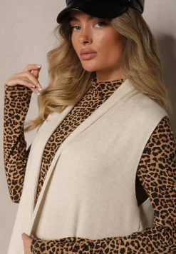 Jasnobeżowa Kamizelka Niezapinana z Bawełną i Wiskozą Asymetrycznym Dołem i Kieszeniami Tiandria