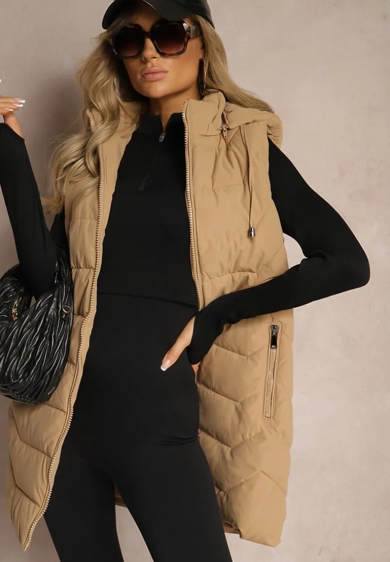 Jasnobeżowa Kamizelka Pikowana Zapinana na Suwak Ozdobiona Kapturem i Sznurkami Finaria