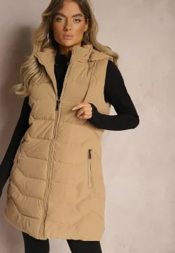 Jasnobeżowa Kamizelka Pikowana Zapinana na Suwak Ozdobiona Kapturem i Sznurkami Finaria