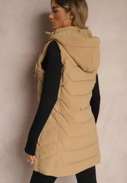 Jasnobeżowa Kamizelka Pikowana Zapinana na Suwak Ozdobiona Kapturem i Sznurkami Finaria