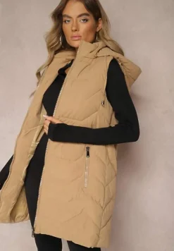 Jasnobeżowa Kamizelka Pikowana Zapinana na Suwak Ozdobiona Kapturem i Sznurkami Finaria