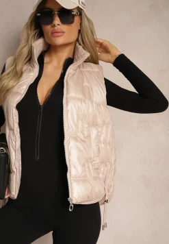 Jasnobeżowa Kamizelka Pikowana Ozdobiona Troczkami i Stójką Terinora