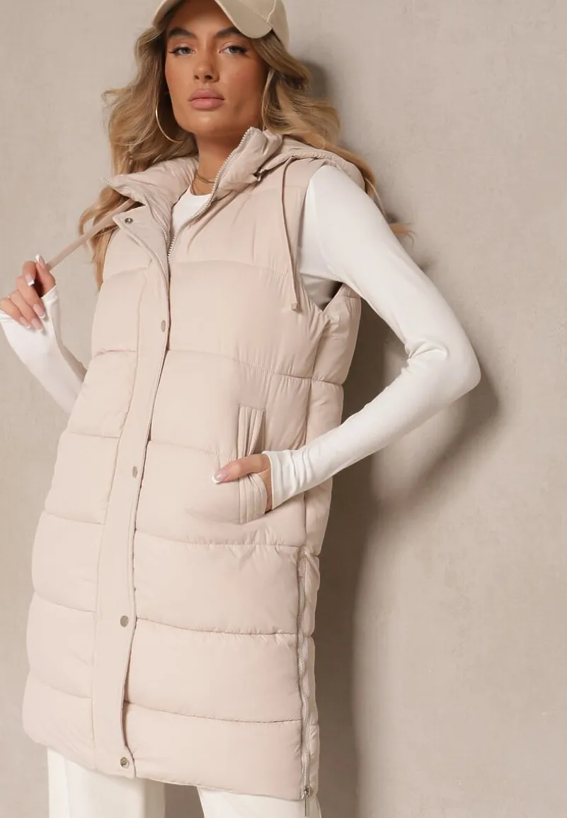 Jasnobeżowa Kamizelka Pikowana z Kapturem Ozdobiona Sznurkami Eleandra