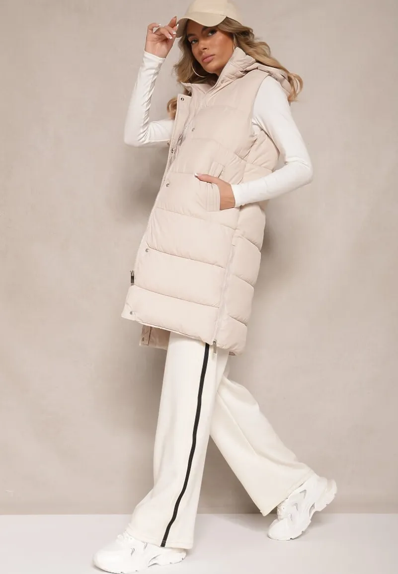 Jasnobeżowa Kamizelka Pikowana z Kapturem Ozdobiona Sznurkami Eleandra