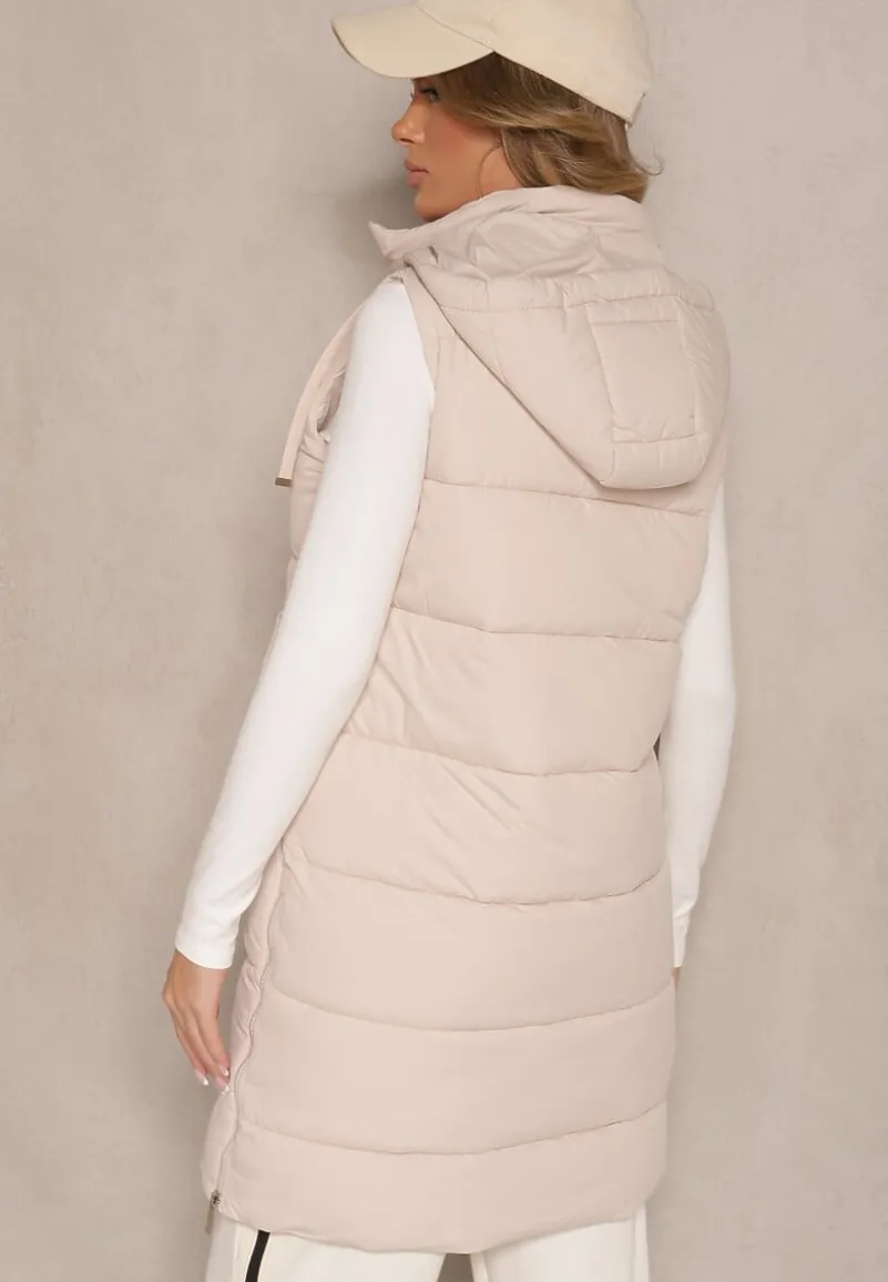 Jasnobeżowa Kamizelka Pikowana z Kapturem Ozdobiona Sznurkami Eleandra