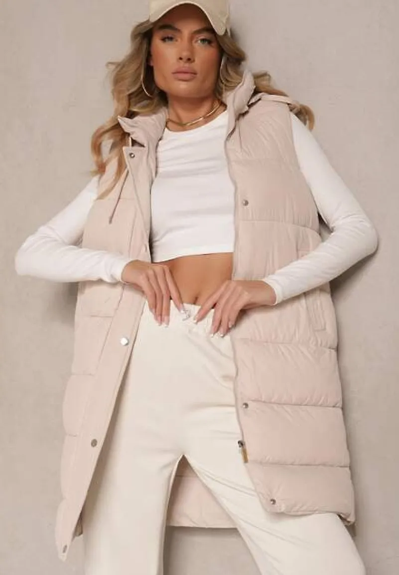 Jasnobeżowa Kamizelka Pikowana z Kapturem Ozdobiona Sznurkami Eleandra