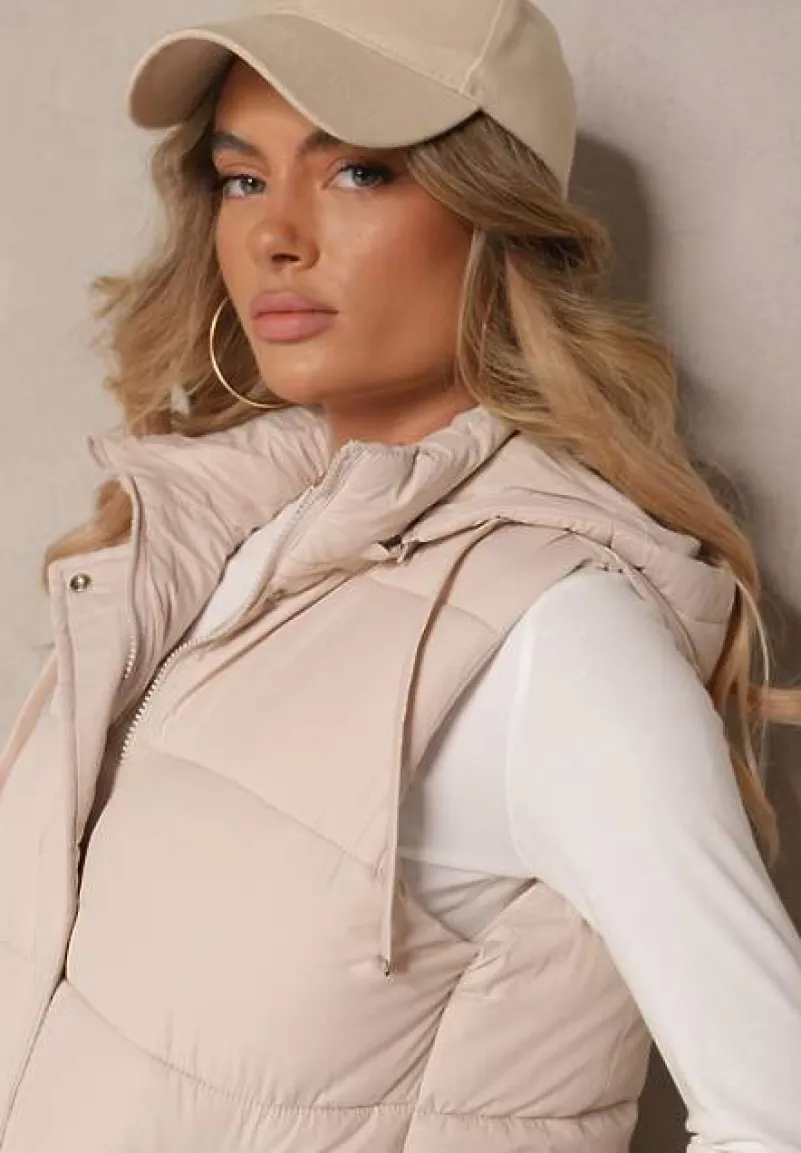 Jasnobeżowa Kamizelka Pikowana z Kapturem Ozdobiona Sznurkami Eleandra