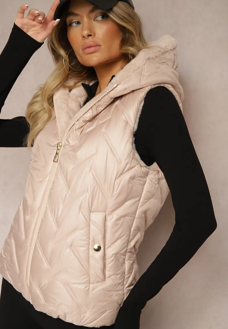 Jasnobeżowa Kamizelka Pikowana Wykończona Sztucznym Futerkiem Timaveah