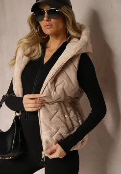 Jasnobeżowa Kamizelka Pikowana Wykończona Sztucznym Futerkiem Timaveah