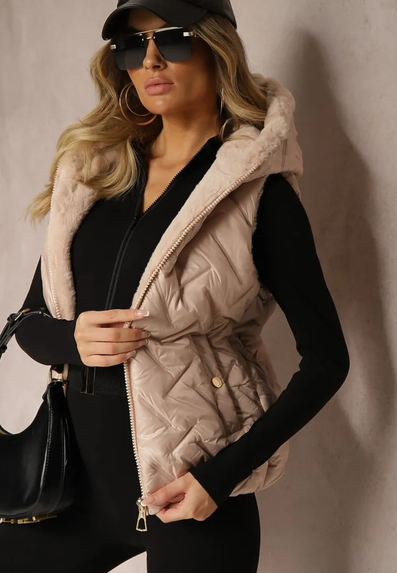 Jasnobeżowa Kamizelka Pikowana Wykończona Sztucznym Futerkiem Timaveah