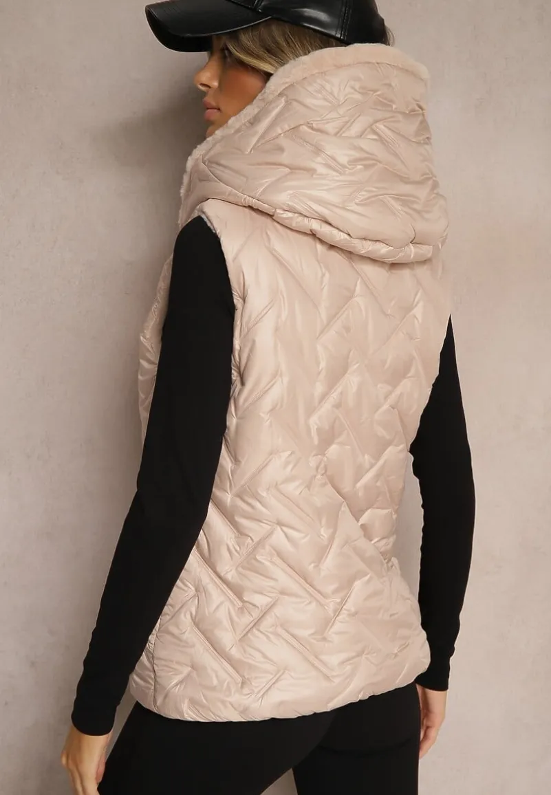 Jasnobeżowa Kamizelka Pikowana Wykończona Sztucznym Futerkiem Timaveah