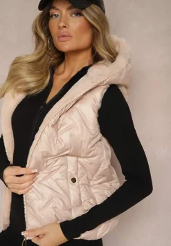 Jasnobeżowa Kamizelka Pikowana Wykończona Sztucznym Futerkiem Timaveah