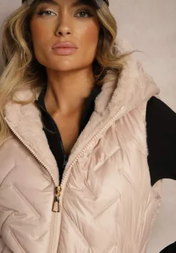 Jasnobeżowa Kamizelka Pikowana Wykończona Sztucznym Futerkiem Timaveah