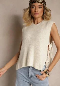 Jasnobeżowa Kamizelka z Dzianiny z Wełną i Wiskozą Zdobiona Wiązaniami Annivoriae