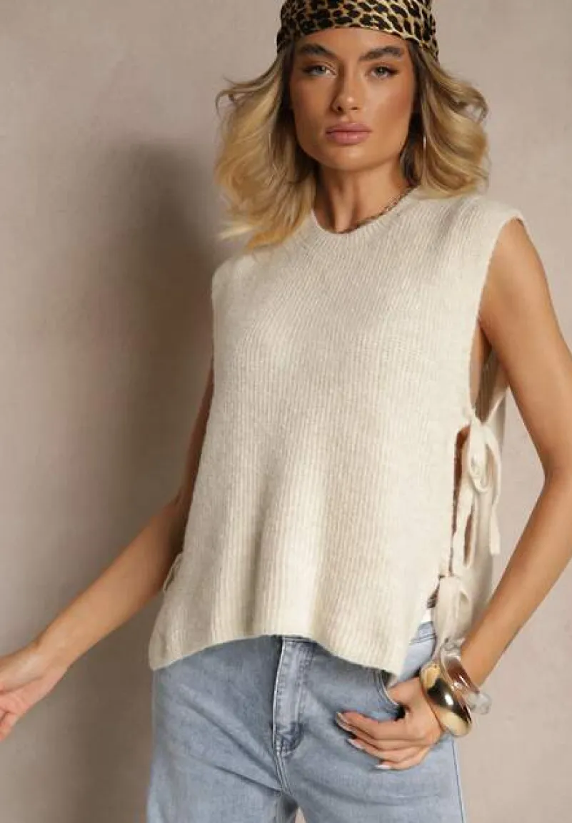 Jasnobeżowa Kamizelka z Dzianiny z Wełną i Wiskozą Zdobiona Wiązaniami Annivoriae