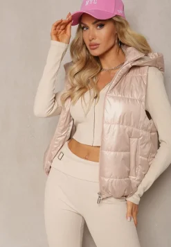 Jasnobeżowa Kamizelka z Odpinanym Kapturem i Ozdobnym Pikowaniem Akkendia