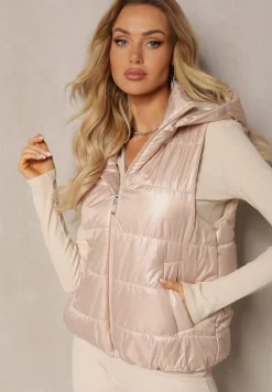 Jasnobeżowa Kamizelka z Odpinanym Kapturem i Ozdobnym Pikowaniem Akkendia