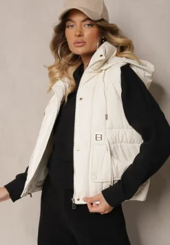 Jasnobeżowa Kamizelka z Odpinanym Kapturem Ozdobiona Pikowaniem i Metalicznymi Dodatkami Sinthella