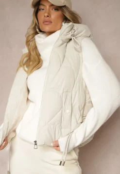 Jasnobeżowa Kamizelka z Sorony z Kapturem i Kieszeniami z Pikowanym Przeszyciem Nairora