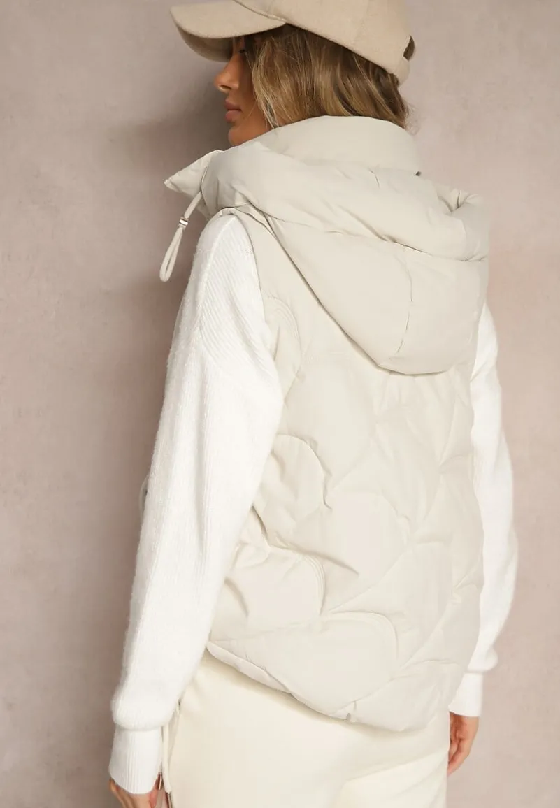 Jasnobeżowa Kamizelka z Sorony z Kapturem i Kieszeniami z Pikowanym Przeszyciem Nairora