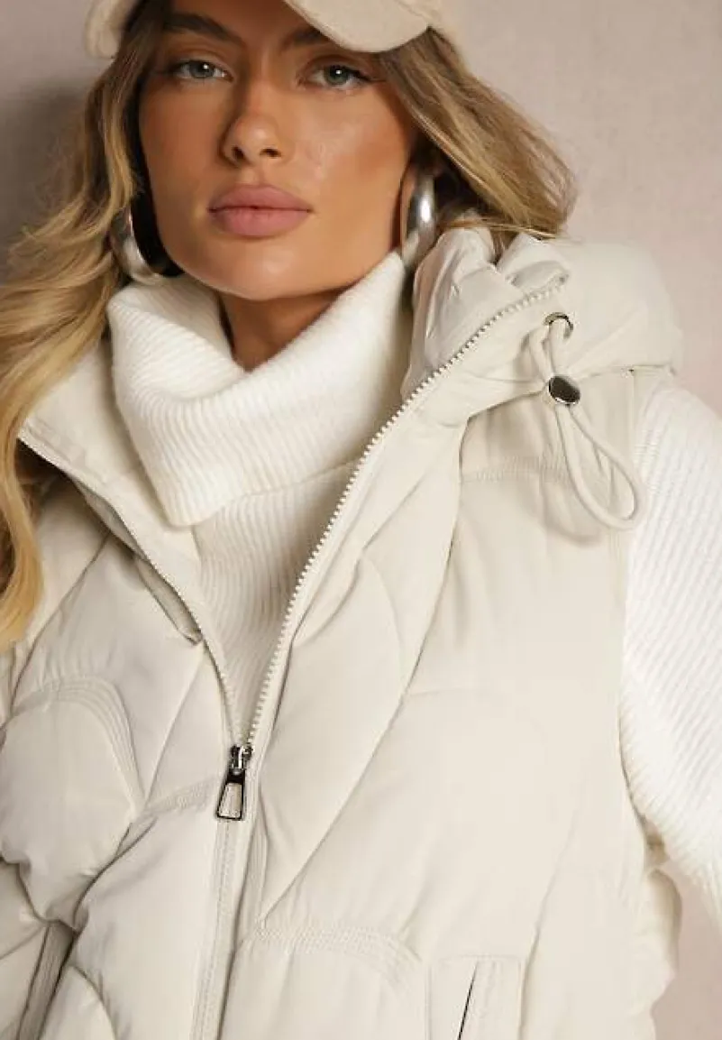 Jasnobeżowa Kamizelka z Sorony z Kapturem i Kieszeniami z Pikowanym Przeszyciem Nairora