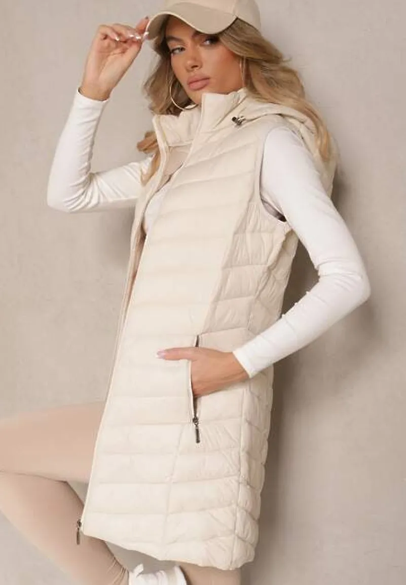 Jasnobeżowa Kamizelka z z Odpinanym Kapturem Ozdobiona Pikowaniem Ivathira