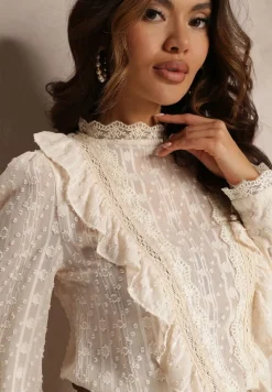 Jasnobeżowa Koronkowa Bluzka z Falbankami i Metaliczną Nitką Otha