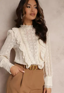 Jasnobeżowa Koronkowa Bluzka z Falbankami i Metaliczną Nitką Otha
