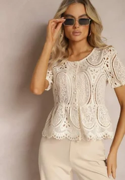 Jasnobeżowa Koronkowa Bluzka z Guzikami Wisterria
