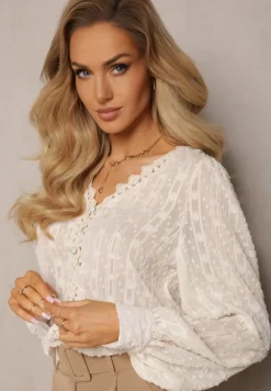 Jasnobeżowa Koronkowa Bluzka z Metaliczną Nitką Maliso