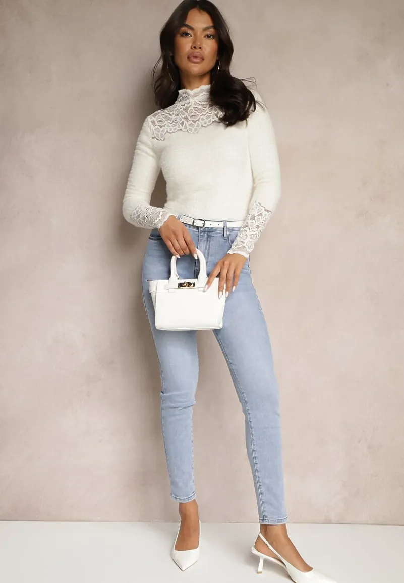 Jasnobeżowa Koronkowa Bluzka z Golfem Olvesin