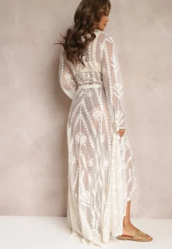 Jasnobeżowa Koronkowa Narzutka Sukienka Maxi z Głębokim Dekoltem i Długimi Rękawami Brianie