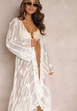 Jasnobeżowa Koronkowa Narzutka Sukienka Maxi z Głębokim Dekoltem i Długimi Rękawami Brianie