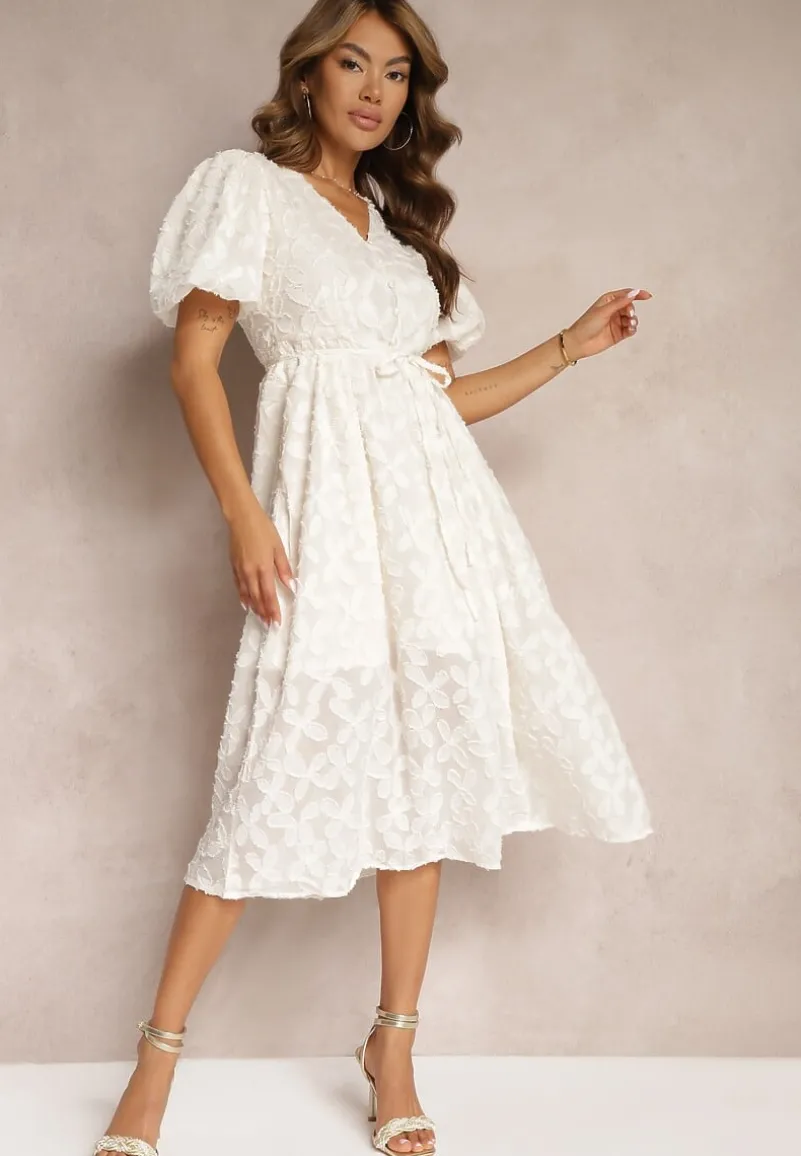 Jasnobeżowa Koronkowa Sukienka Midi z Wiskozy Olikis