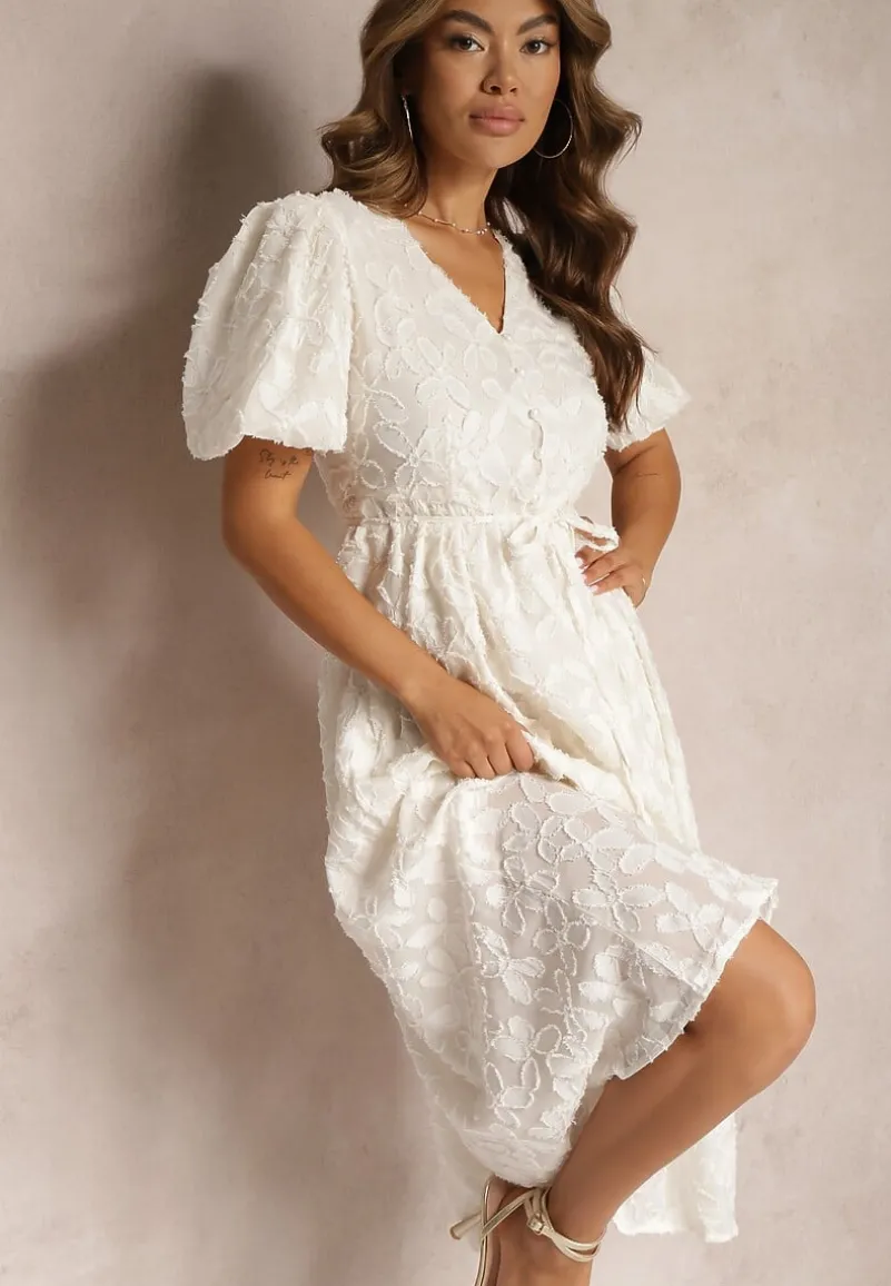 Jasnobeżowa Koronkowa Sukienka Midi z Wiskozy Olikis