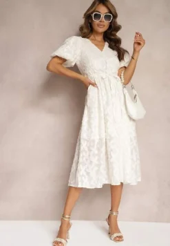 Jasnobeżowa Koronkowa Sukienka Midi z Wiskozy Olikis