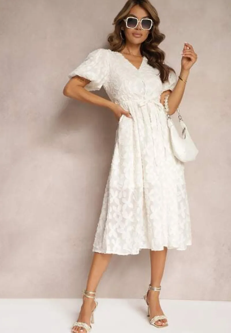 Jasnobeżowa Koronkowa Sukienka Midi z Wiskozy Olikis