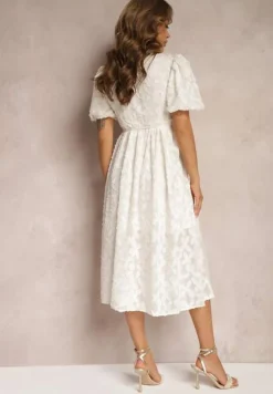 Jasnobeżowa Koronkowa Sukienka Midi z Wiskozy Olikis